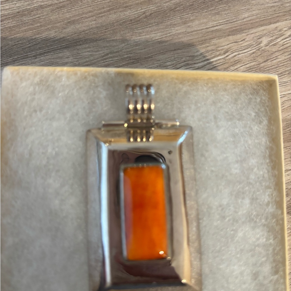 Sterling Silver Orange Inlay Rectangular Pendant - image 2